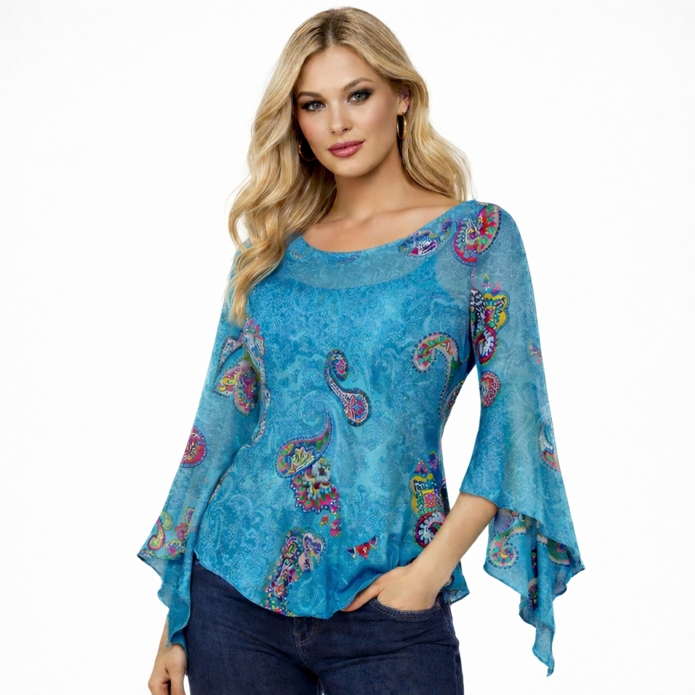 Rampage Turquoise Paisley Boho Blouse | Bell Sleeve Semi Sheer Top WOMENS XL